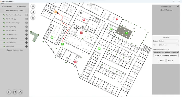 AH5 pathway configurator showing hospital departments and waypoints